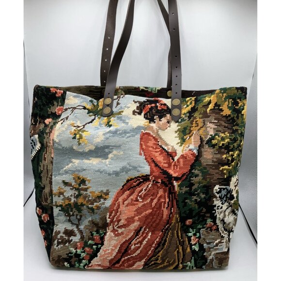 Upcycled OOAK Needlepoint  Tote Double Side Design Roses Figural Vintage - Picture 1 of 7